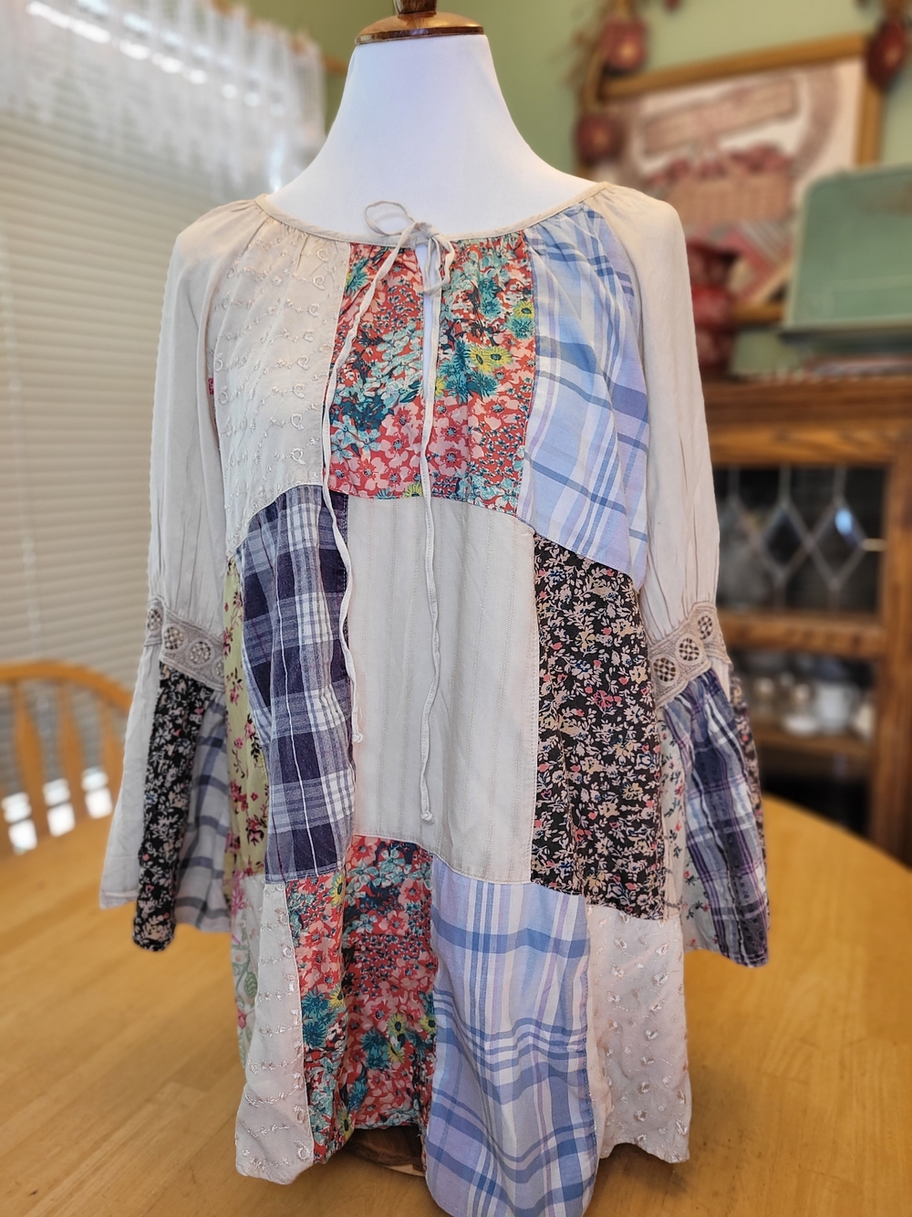 Young Threads Boho Patchwork Peasant Tunic - Cream with Floral & Plaid Panels